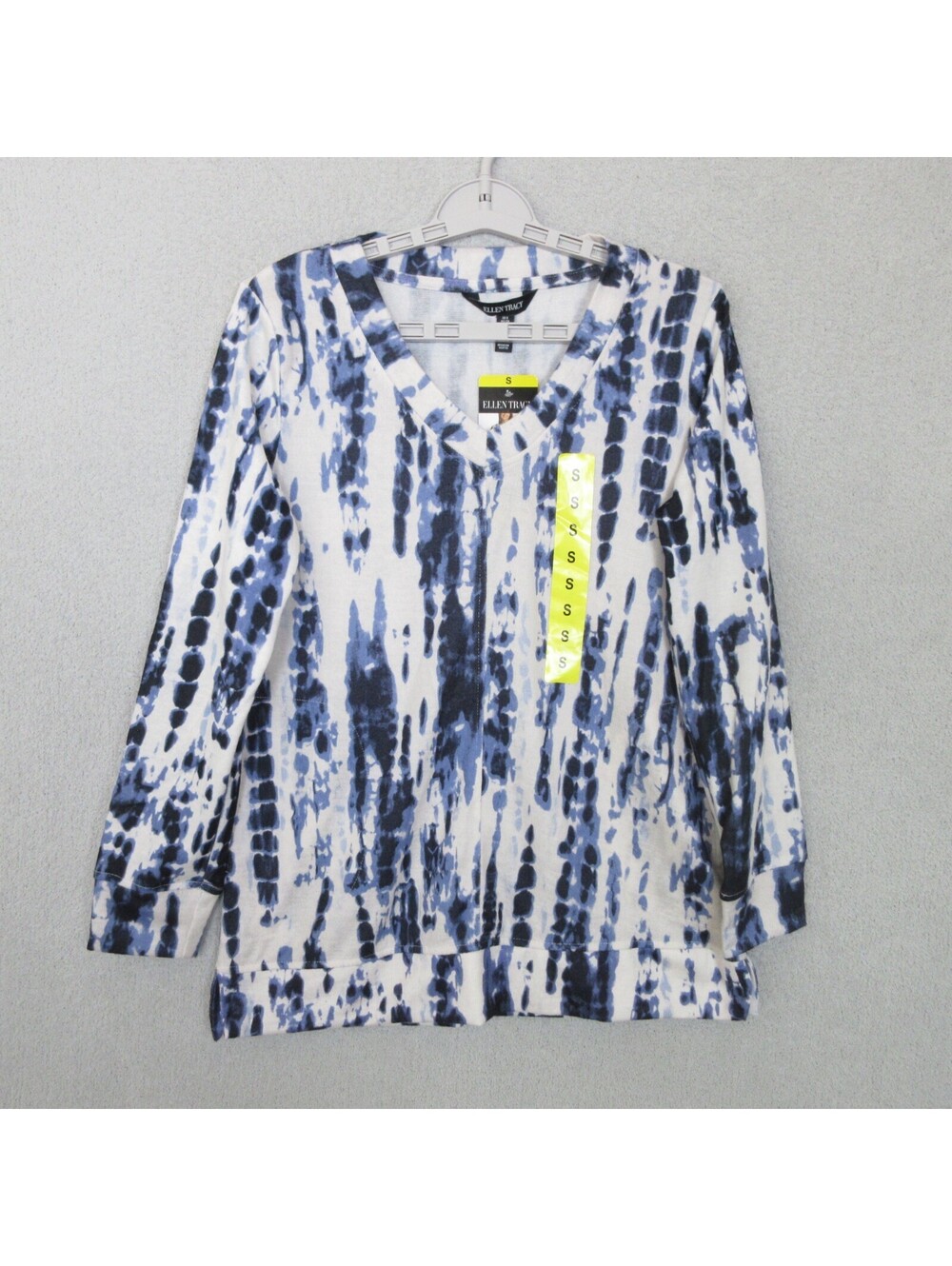 Ellen Tracy Tunic Women's S Long Sleeve V-Neck Blue & White Tie Dye